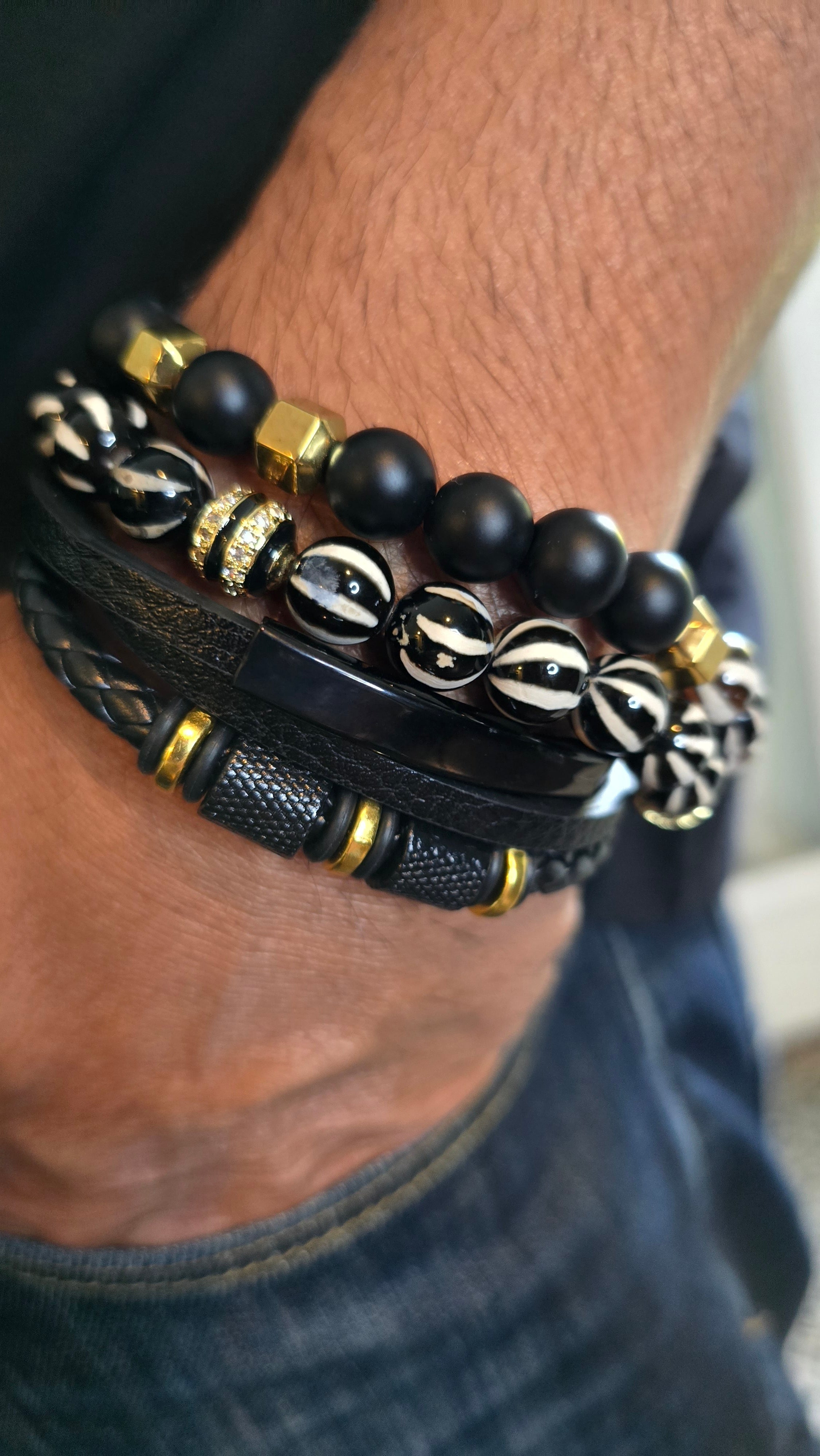 Men's Natural Tibetan Agate and Onyx Bracelet set