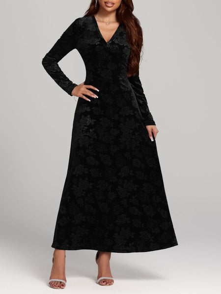 Rose Print V - Neck Long Sleeve Dress - S. M. & Co.