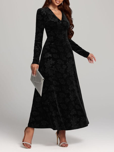 Rose Print V - Neck Long Sleeve Dress - S. M. & Co.