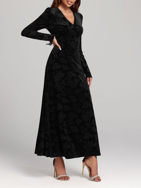 Rose Print V - Neck Long Sleeve Dress - S. M. & Co.