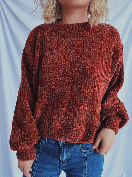 Round Neck Dropped Shoulder Long Sleeve Sweater - S. M. & Co.