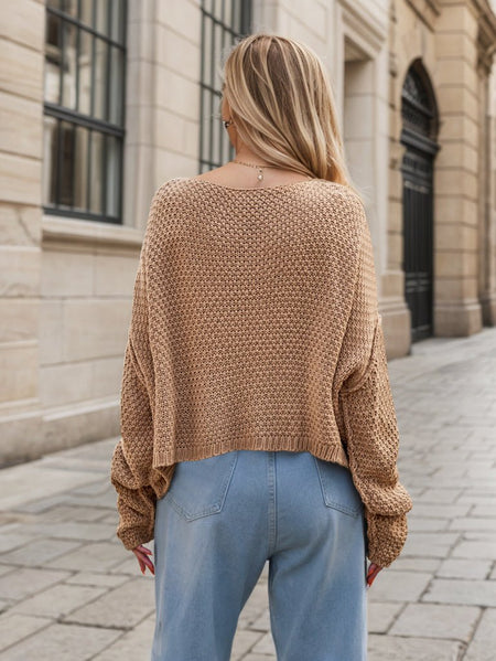 Round Neck Dropped Shoulder Long Sleeve Sweater - S. M. & Co.