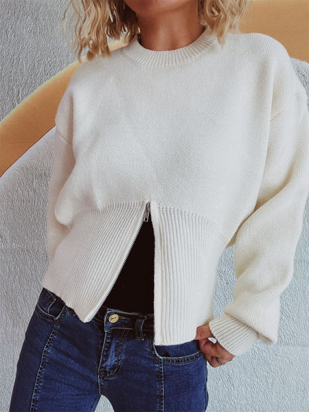 Round Neck Half Zip Long Sleeve Sweater - S. M. & Co.