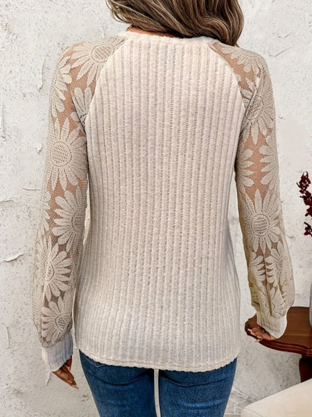 Round Neck Lace Patchwork Long Sleeve Top - S. M. & Co.