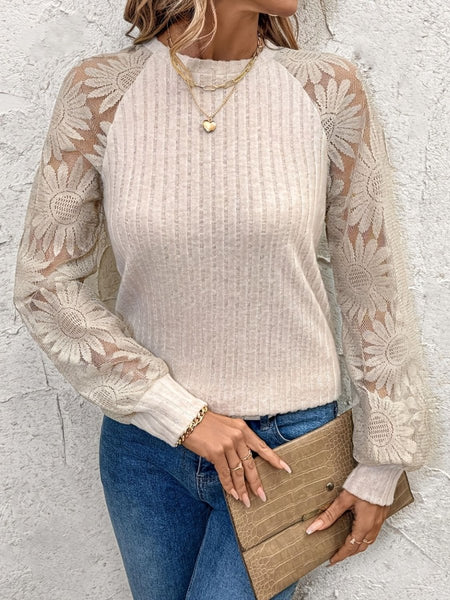 Round Neck Lace Patchwork Long Sleeve Top - S. M. & Co.