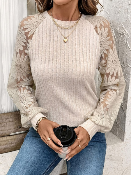 Round Neck Lace Patchwork Long Sleeve Top - S. M. & Co.