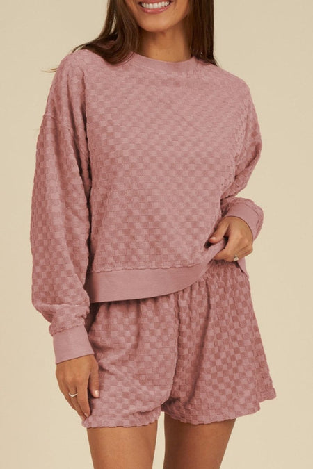 Round Neck Long Sleeve Checkered Top and Shorts Set - S. M. & Co.