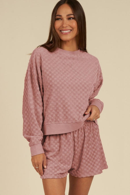 Round Neck Long Sleeve Checkered Top and Shorts Set - S. M. & Co.