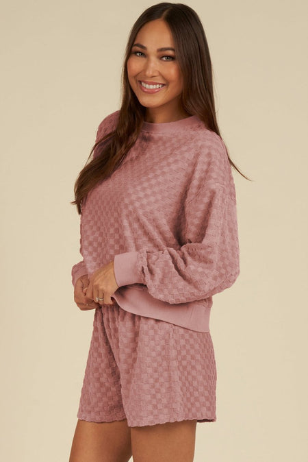 Round Neck Long Sleeve Checkered Top and Shorts Set - S. M. & Co.