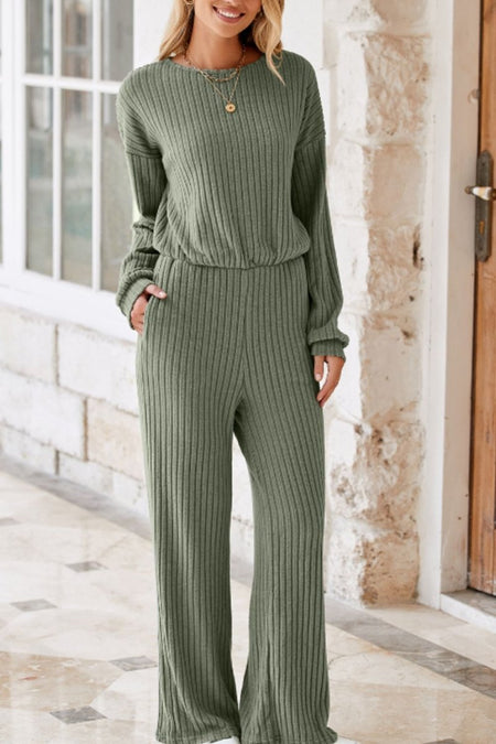 Round Neck Long Sleeve Jumpsuit - S. M. & Co.