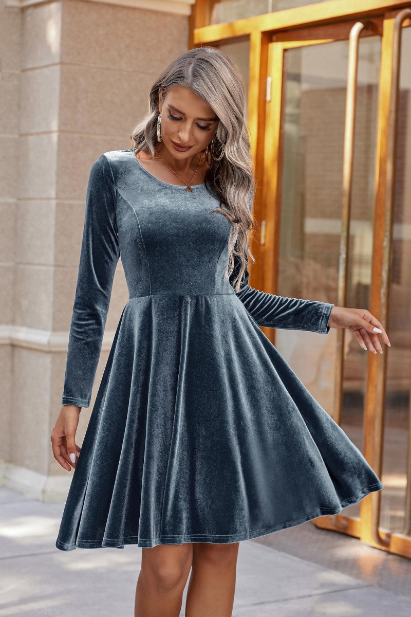 Round Neck Long Sleeve Knee Length Dress - S. M. & Co.