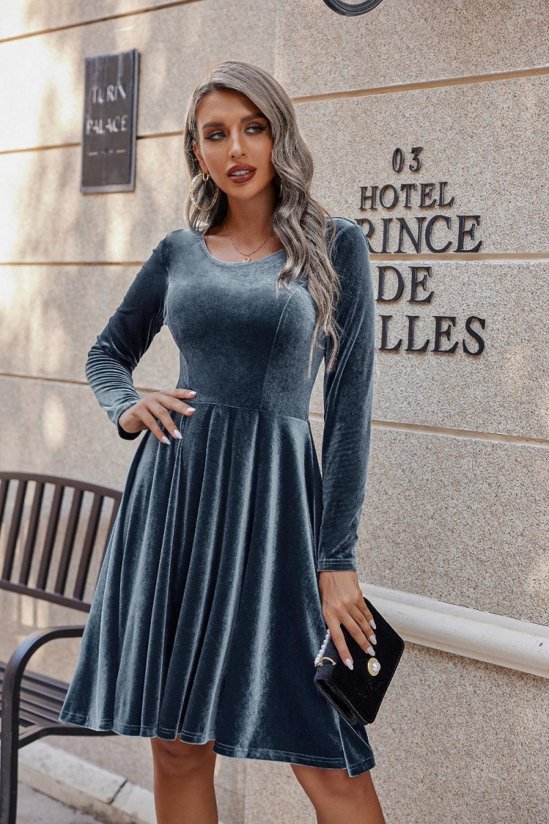 Round Neck Long Sleeve Knee Length Dress - S. M. & Co.