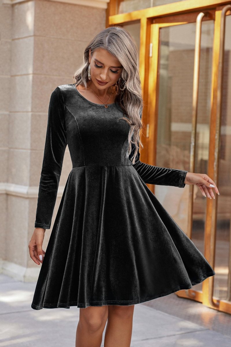 Round Neck Long Sleeve Knee Length Dress - S. M. & Co.