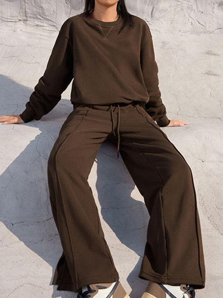 Round Neck Long Sleeve Top and Elastic Waist Pants Set - S. M. & Co.