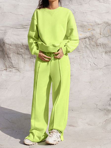 Round Neck Long Sleeve Top and Elastic Waist Pants Set - S. M. & Co.