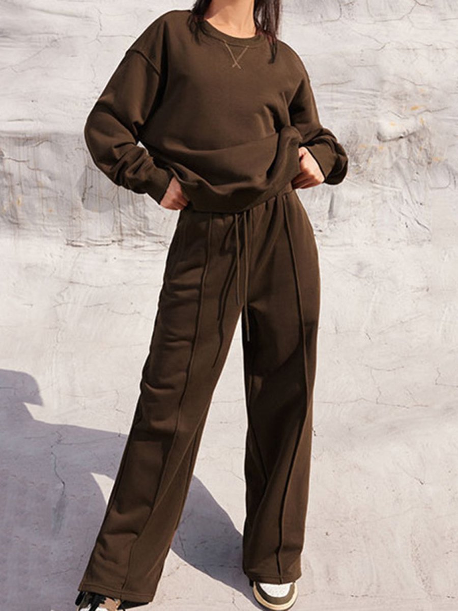 Round Neck Long Sleeve Top and Elastic Waist Pants Set - S. M. & Co.