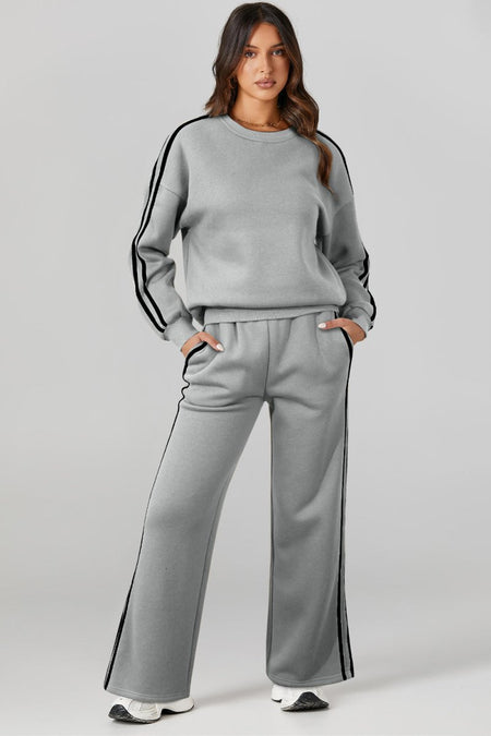 Round Neck Long Sleeve Top and Pants Active Set - S. M. & Co.