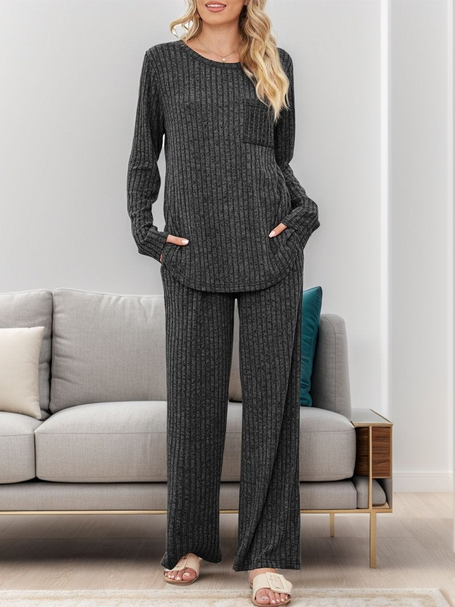 Round Neck Long Sleeve Top and Pants Set - S. M. & Co.