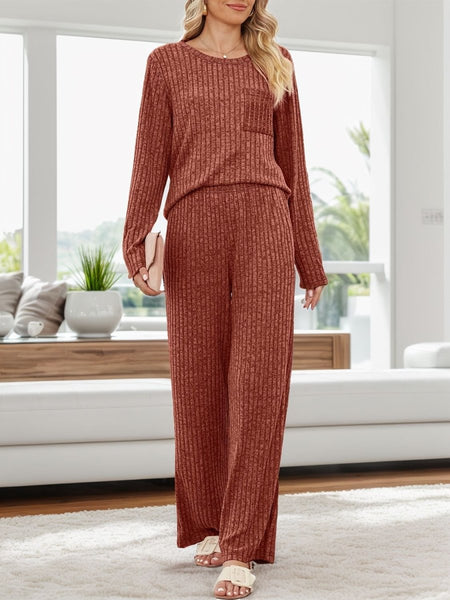 Round Neck Long Sleeve Top and Pants Set - S. M. & Co.