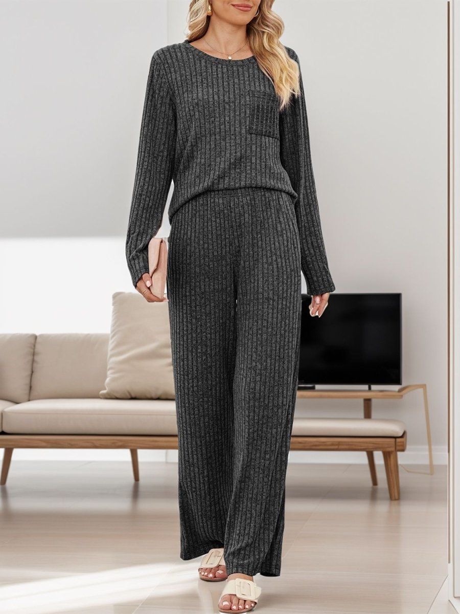 Round Neck Long Sleeve Top and Pants Set - S. M. & Co.