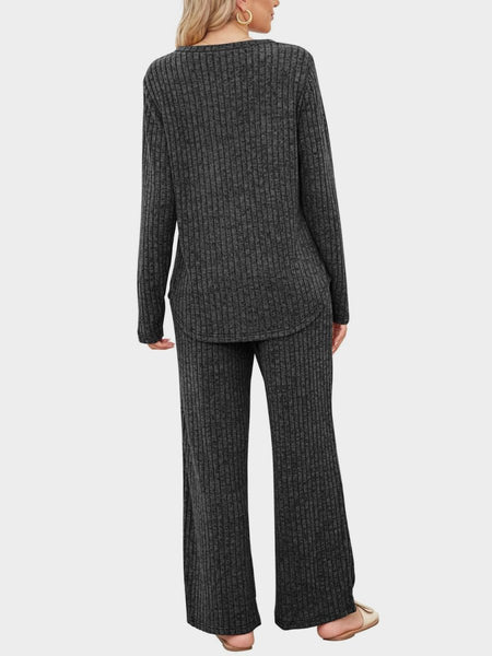 Round Neck Long Sleeve Top and Pants Set - S. M. & Co.