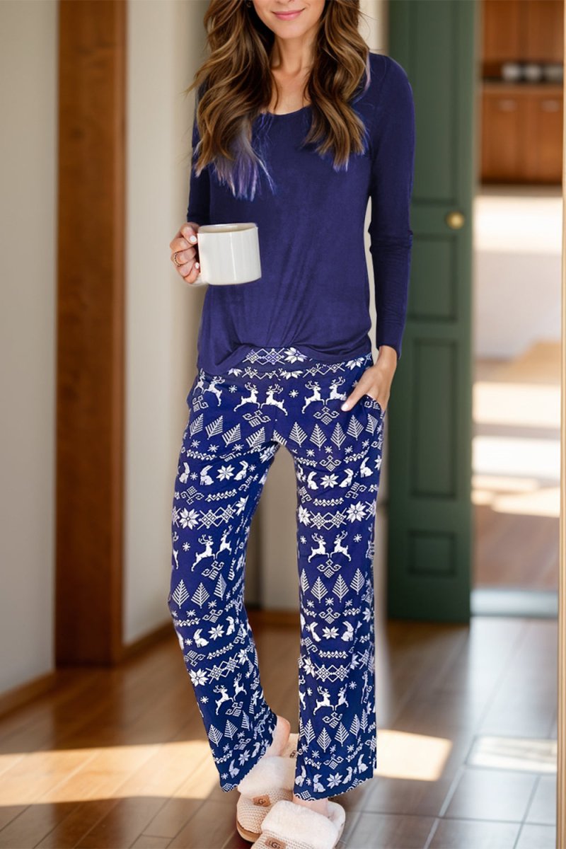 Round Neck Long Sleeve Top and Printed Pants Lounge Set - S. M. & Co.