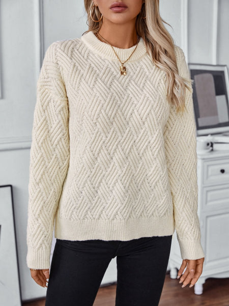 Round Neck Long Sleeve Woven Sweater - S. M. & Co.