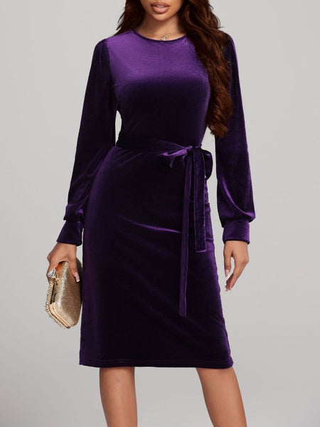 Round Neck Tie Waist Long Sleeve Velvet Dress - S. M. & Co.