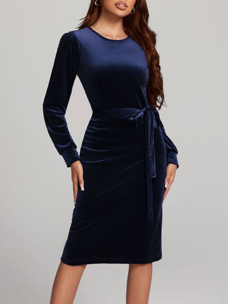 Round Neck Tie Waist Long Sleeve Velvet Dress - S. M. & Co.