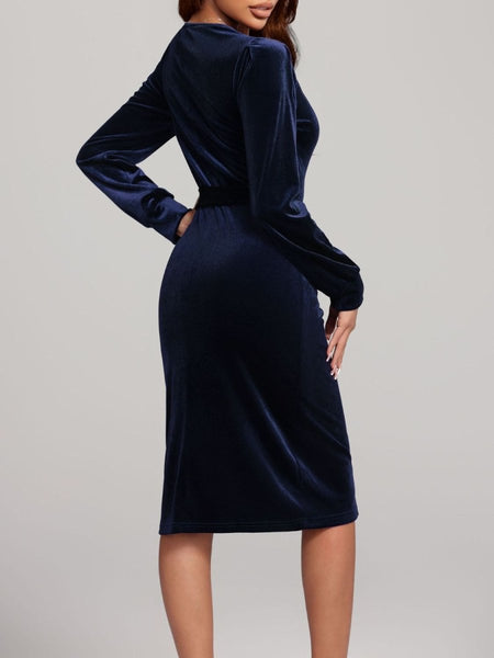 Round Neck Tie Waist Long Sleeve Velvet Dress - S. M. & Co.