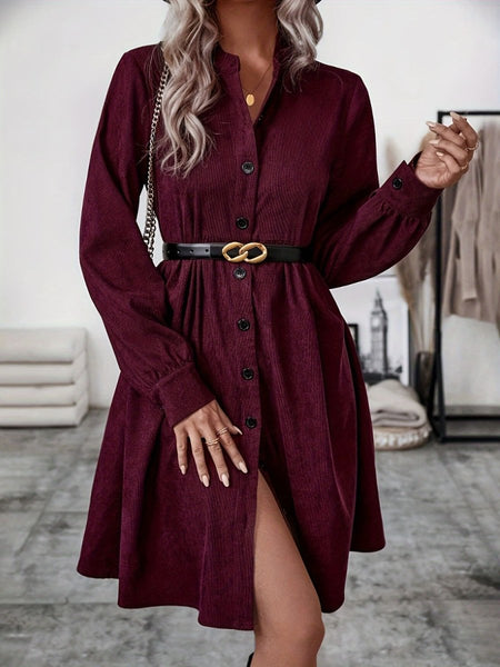 Ruched Button Up Long Sleeve Dress - S. M. & Co.