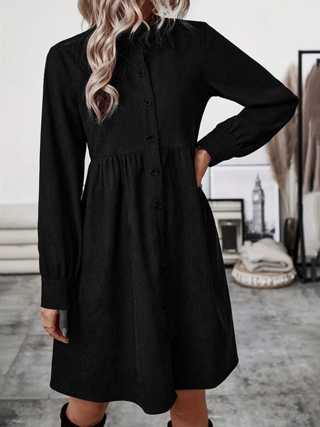 Ruched Button Up Long Sleeve Dress - S. M. & Co.