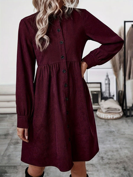 Ruched Button Up Long Sleeve Dress - S. M. & Co.