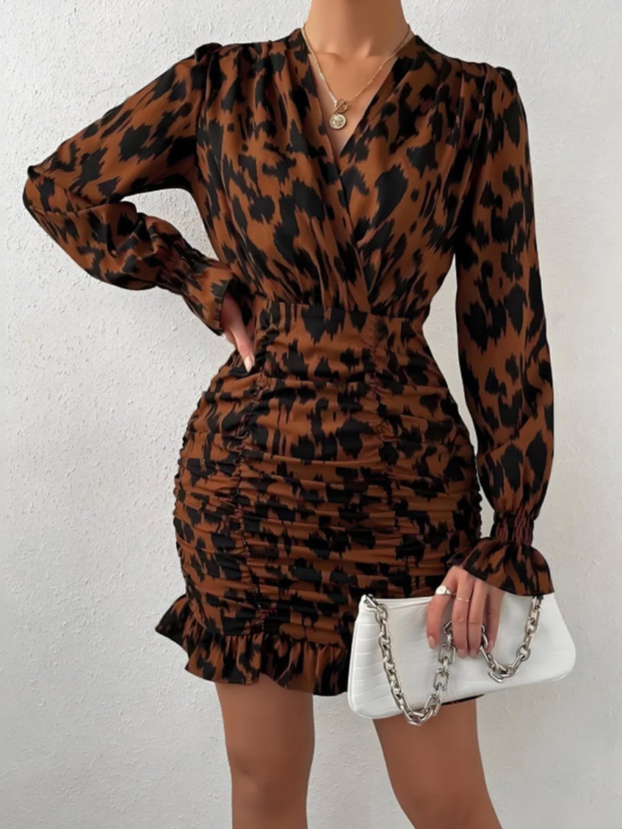 Ruched Ruffled Leopard Surplice Long Sleeve Dress - S. M. & Co.