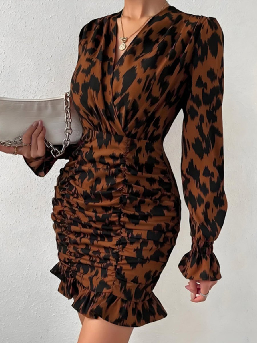 Ruched Ruffled Leopard Surplice Long Sleeve Dress - S. M. & Co.