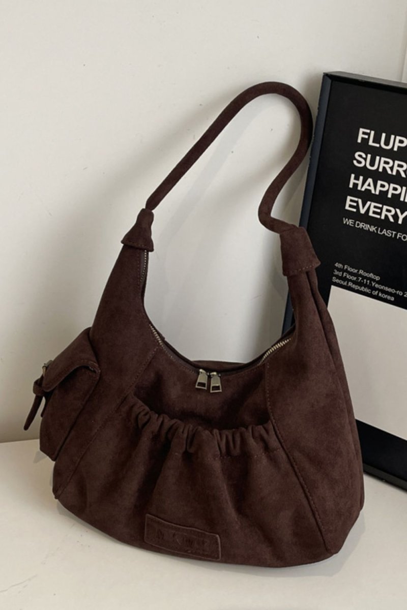 Ruched Suede Handbag with Zipper - S. M. & Co.