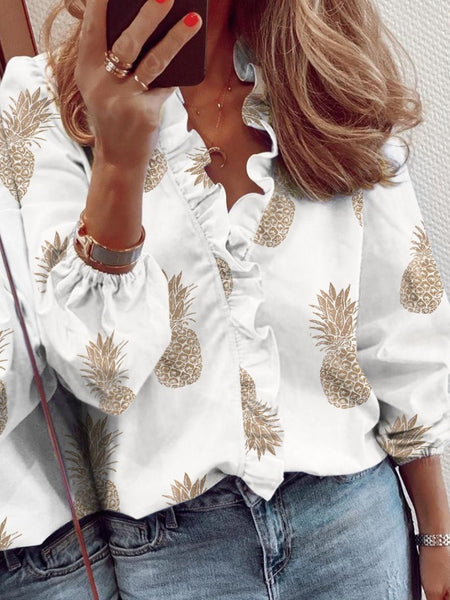 Ruffled Printed V - Neck Long Sleeve Blouse - S. M. & Co.