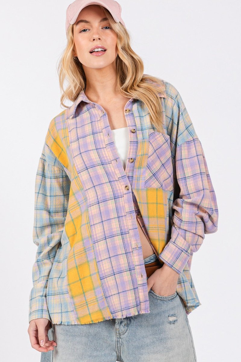 SAGE + FIG Button Up Raw Hem Plaid Flannel Shirt - S. M. & Co.