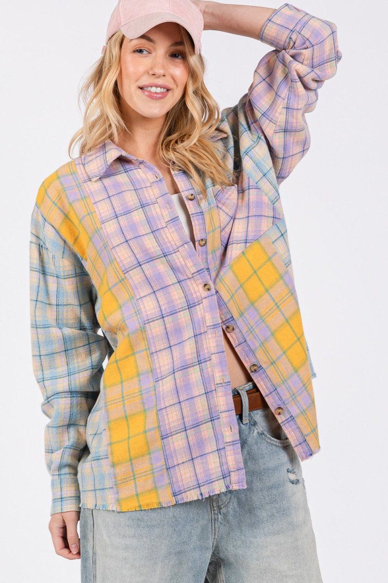 SAGE + FIG Button Up Raw Hem Plaid Flannel Shirt - S. M. & Co.