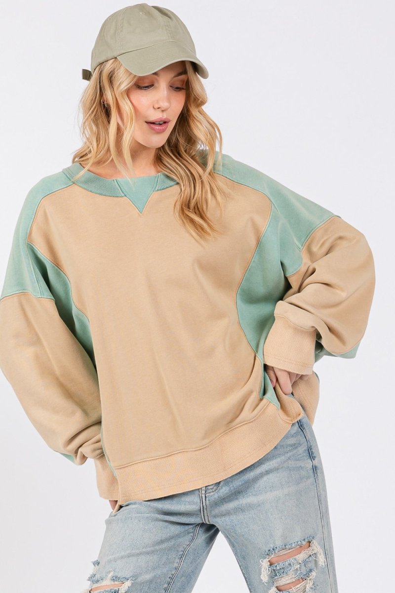 SAGE + FIG Color Block Round Neck Sweatshirt - S. M. & Co.