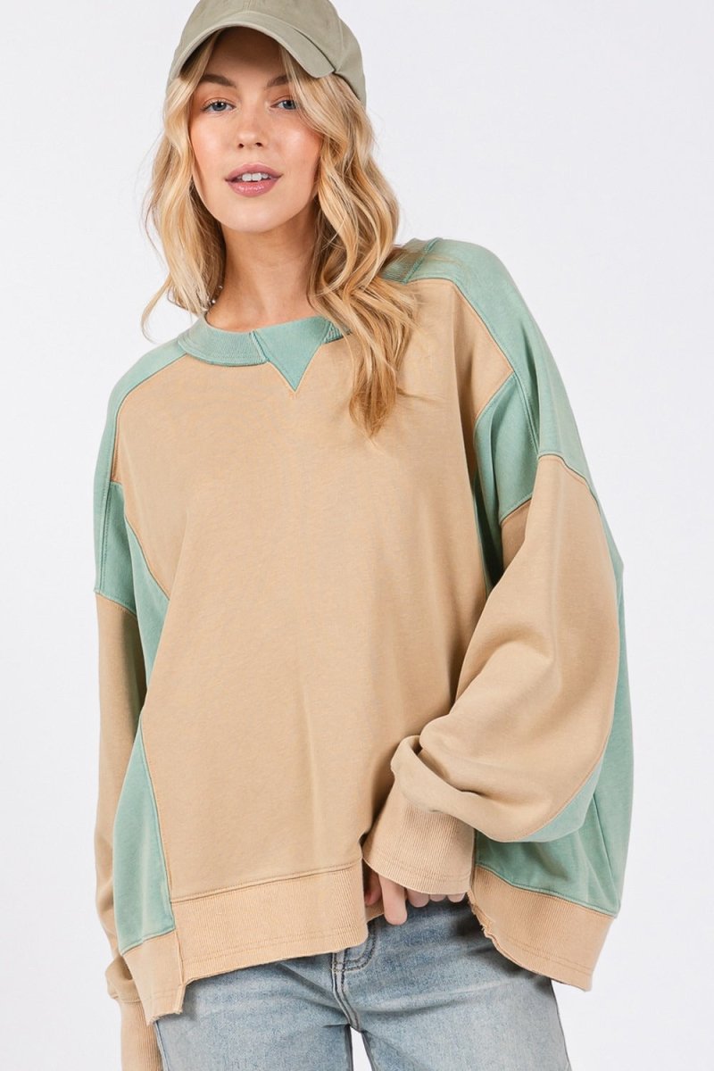 SAGE + FIG Color Block Round Neck Sweatshirt - S. M. & Co.