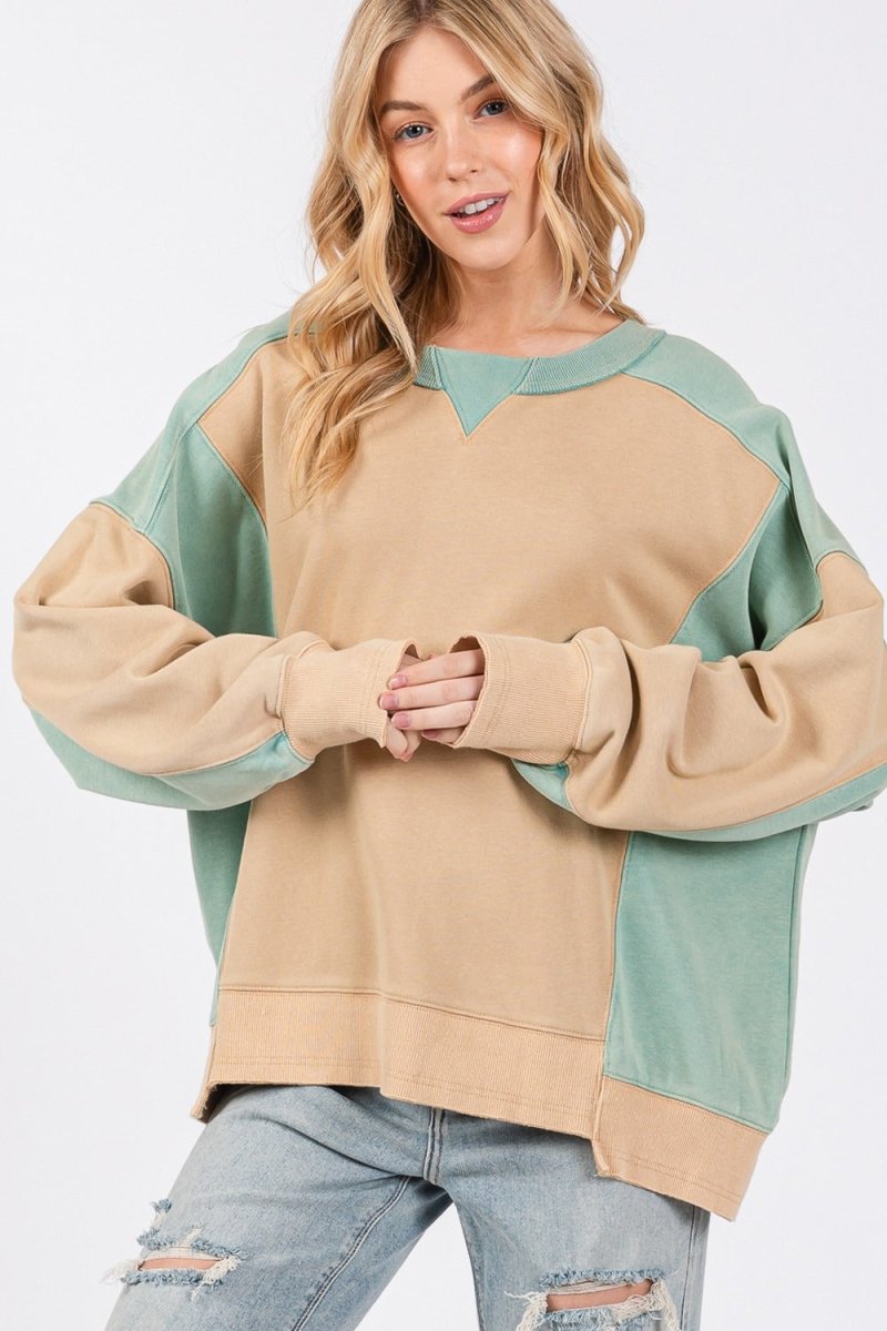 SAGE + FIG Color Block Round Neck Sweatshirt - S. M. & Co.