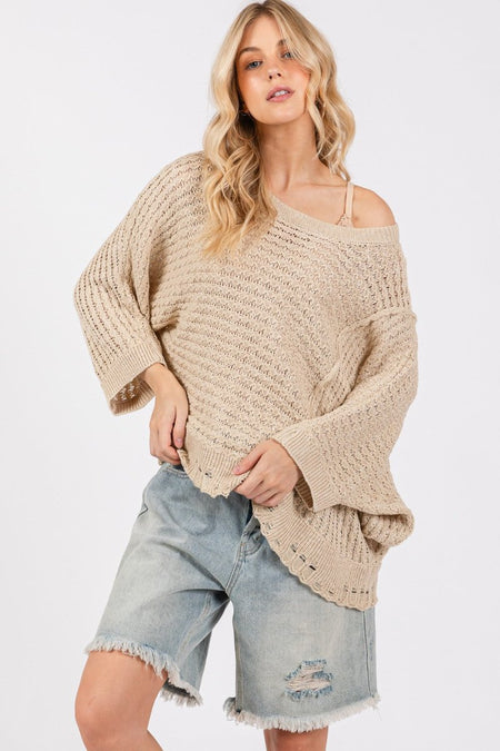 SAGE + FIG Distressed Asymmetrical Open Stitch Sweater - S. M. & Co.