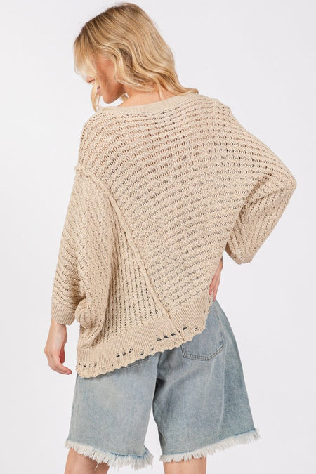 SAGE + FIG Distressed Asymmetrical Open Stitch Sweater - S. M. & Co.