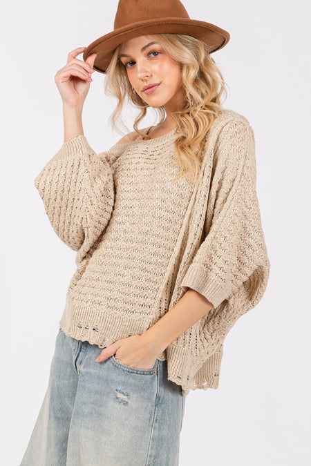 SAGE + FIG Distressed Asymmetrical Open Stitch Sweater - S. M. & Co.