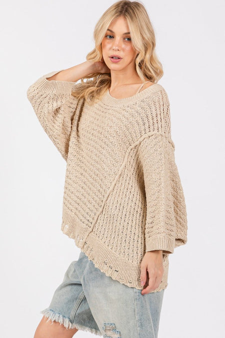 SAGE + FIG Distressed Asymmetrical Open Stitch Sweater - S. M. & Co.