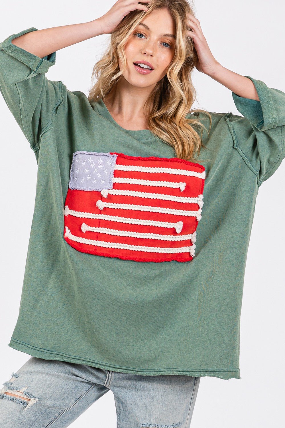 SAGE + FIG Full Size American Flag Patch Drop Shoulder T-Shirt - S. M. & Co.