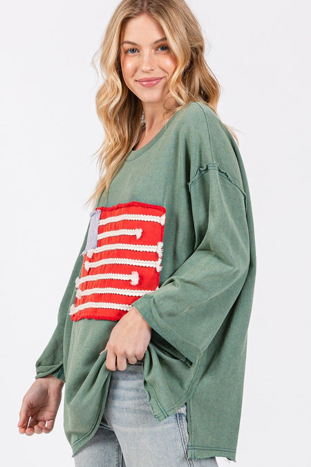 SAGE + FIG Full Size American Flag Patch Drop Shoulder T-Shirt - S. M. & Co.