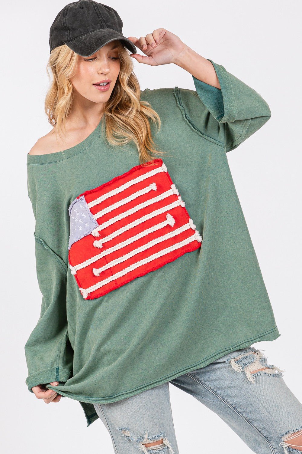 SAGE + FIG Full Size American Flag Patch Drop Shoulder T-Shirt - S. M. & Co.