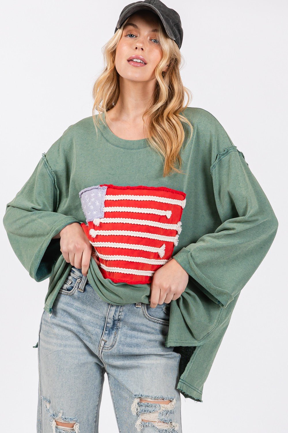 SAGE + FIG Full Size American Flag Patch Drop Shoulder T-Shirt - S. M. & Co.